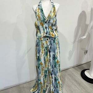 Fashion Nova Multicolor Abstract Print Halter Jumpsuit (Blue, Green, Gold)